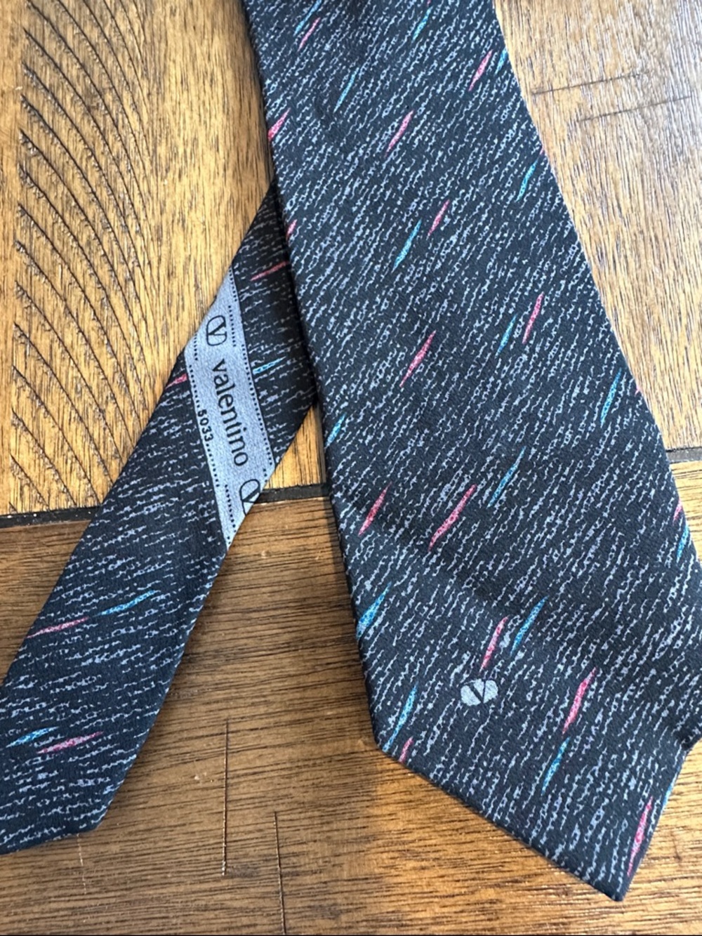 Valentino Black Silk Tie with Pink & Teal Streaks